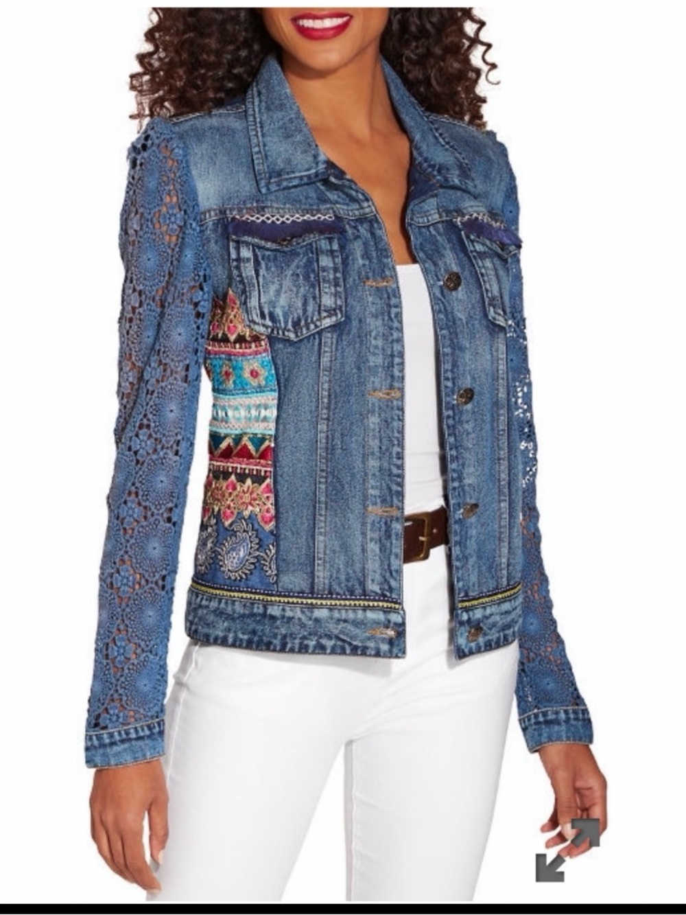 Tesoro Moda for Boston Proper Chrochet Sleeve Embellished Denim Jacket 8